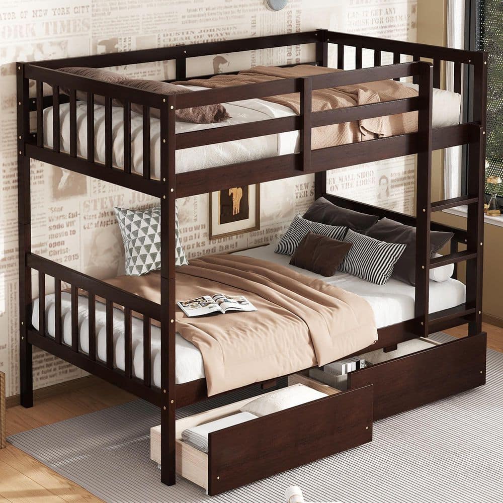 Polibi Espresso Twin over Twin Wood Frame Bunk Bed with 2 Drawers ...