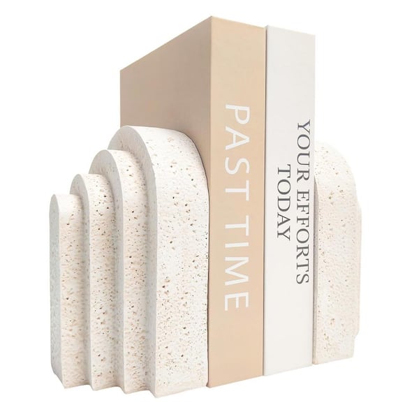 Angel Sar White Heavy Resin Decor Bookends Modern Layered Arch Book Ends for Shelves