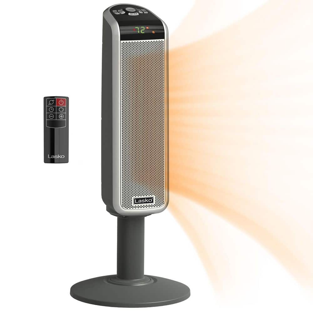 Lasko 1500W 29 in. Gray Electric Pedestal Ceramic Oscillating Space Heater with Digital Display and Remote Control 5397 The Home Depot