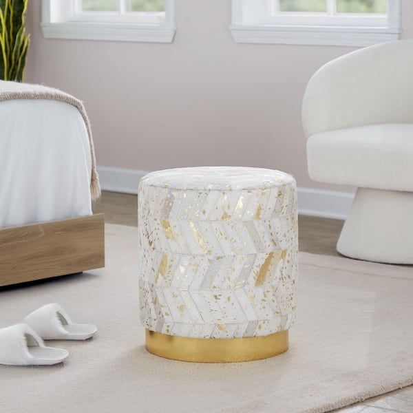 Oro Ivory Leather and Gold Metal Ottoman with Gold Splatter Accent
