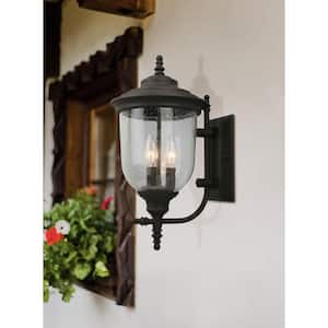 Pinedale 12.87 in. W x 22.36 in. H 3-Light Matte Black Outdoor Wall Lantern Sconce with Clear Seedy Glass Shade