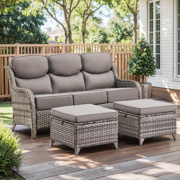 MoonLuxe Gray Wicker Patio Conversation Set with Gray Olefin 6 in. Thick Cushions/Ottoman (3-Piece)