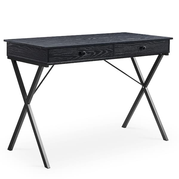 aisword 42 in. Black Oak MDF Table Top 2-Drawers Writing Desk with Black Stoving Varnsih Steel Frame