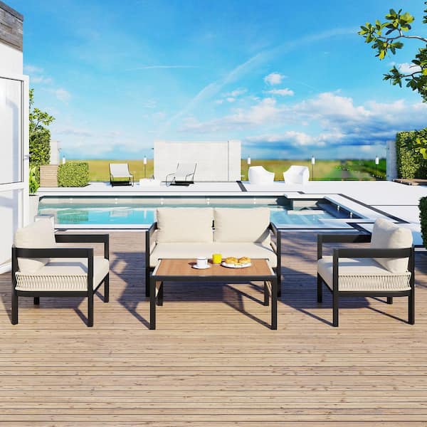 Unbranded 4-Piece Metal Outdoor Patio Conversation Set with Beige Cushions, Coffee Table for Backyard, Garden Poolside
