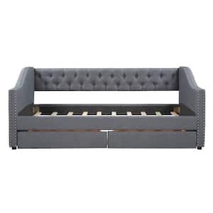 Modern Gray Wooden Twin Size Daybed with Two Drawers and Tufted Backrest, Wood Slat Support, Two Armrests with Nailtrim