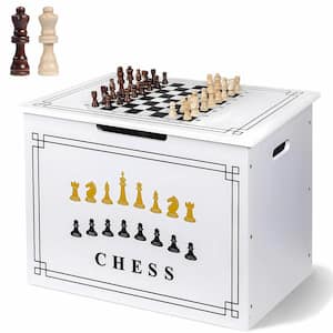 23.6 in. White Wooden Chess Board with Chessmen Toy Box Storage for Playroom Organizer