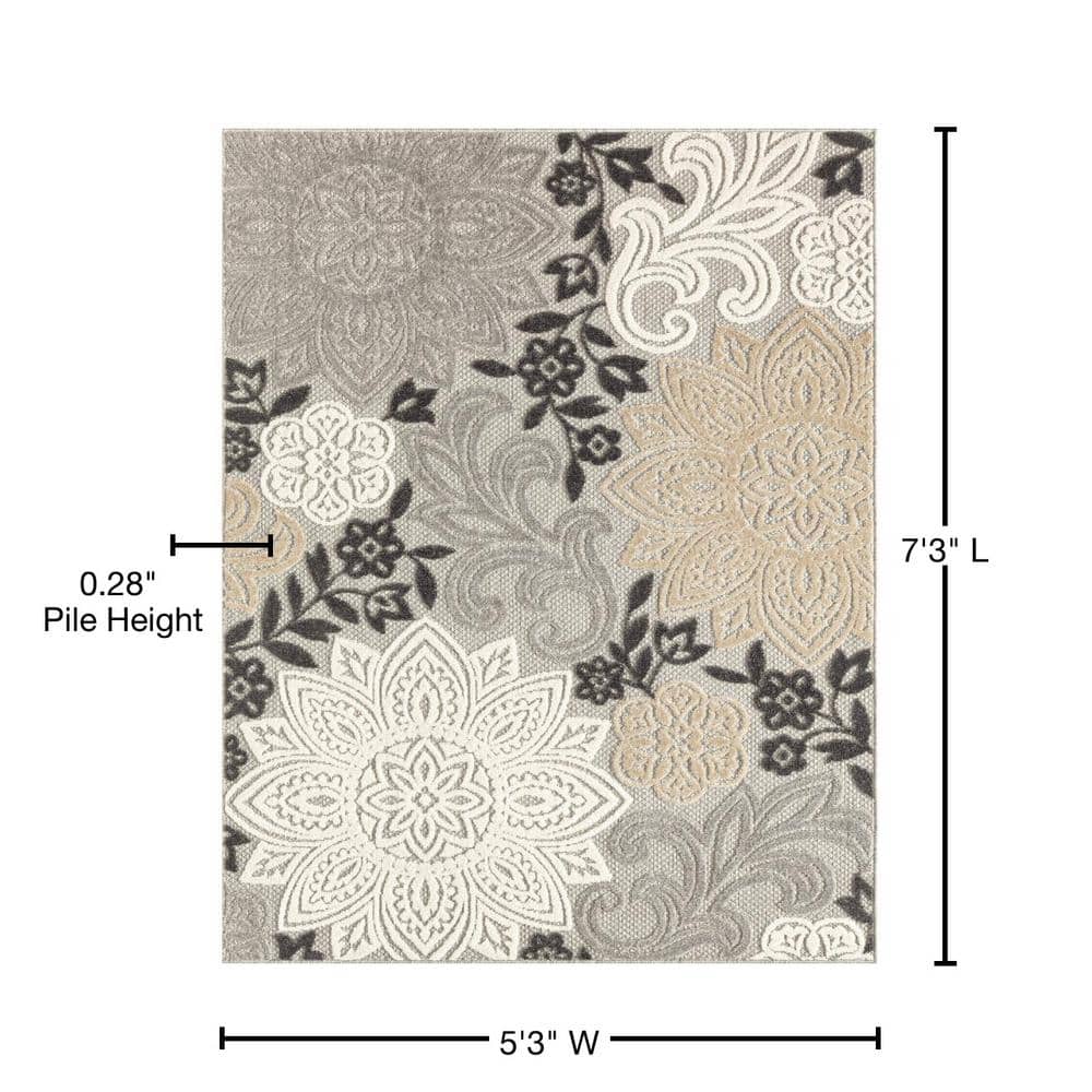 Beige Floral Synthetic 5x7 Indoor Outdoor Rug