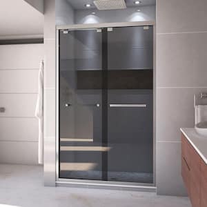 Encore 48 in. W x 76 in. H Sliding Semi-Frameless Shower Door in Brushed Nickel with Gray Glass