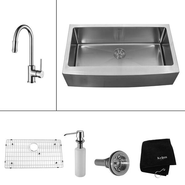 KRAUS All-in-One Farmhouse Apron Front Stainless Steel 36 in. Single Basin Kitchen Sink with Faucet and Accessories in Chrome