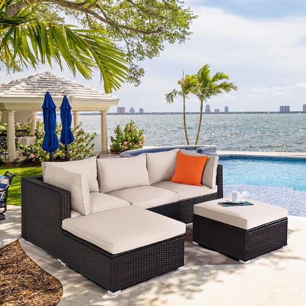 Costway 5-Piece Patio Rattan Wicker Furniture Conversation Set Cushioned  Sofa Deck in Off White HW69932 - The Home Depot