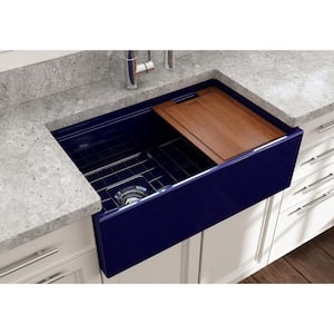 Step-Rim Sapphire Blue Fireclay 30 in. Single Bowl Farmhouse Apron Front Workstation Kitchen Sink w/ Accessories
