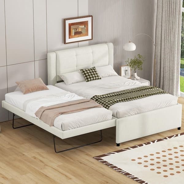 Beige Wood Frame Full Size Upholstery Platform Bed with Adjustable Height Trundle