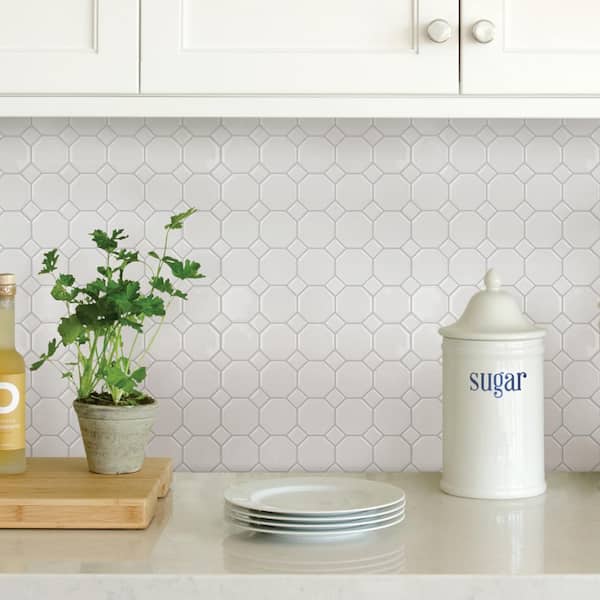 Octagon 10 in. x 10 in. Off White Peel and Stick Backsplash Tiles