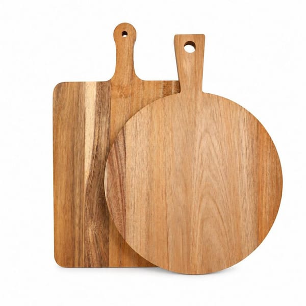 2-Piece Acacia Wood Cutting Board Set with Handle, 16 in. x 12 in. Rectangular and Round Charcuterie