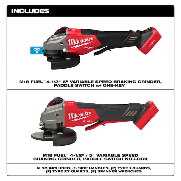 M18 FUEL ONE-KEY 18V Lith-Ion Cordless 4-1/2 in. /6 in. Variable Speed Braking Grinder w/Paddle Switch and M18 Grinder