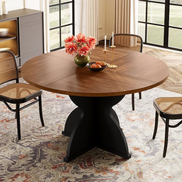 Sealey Farmhouse Brown Wood 47 in. Pedestal Dining Table Seats 4 Kitchen Table Circle Dinner Table, Dining Room Table