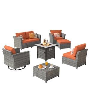 Bexley Gray 8-Piece Wicker Fire Pit Patio Conversation Seating Set with Orange Red Cushions and Swivel Chairs