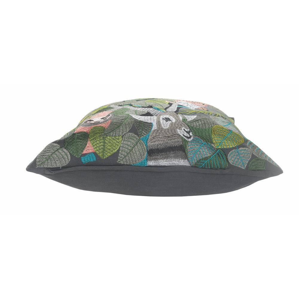 Jungle Scene Green and Multicolor Cotton Throw Pillow