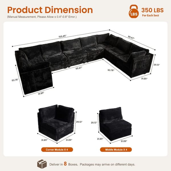Allwex CUKE 159 in. Wide 8-Piece Modern Deep Seat Plush Corduroy U