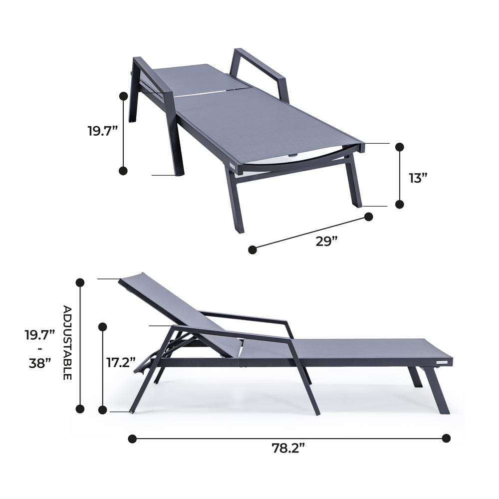 Dark Gray Aluminum Patio Chaise Lounge Chair with Arms and Cushions