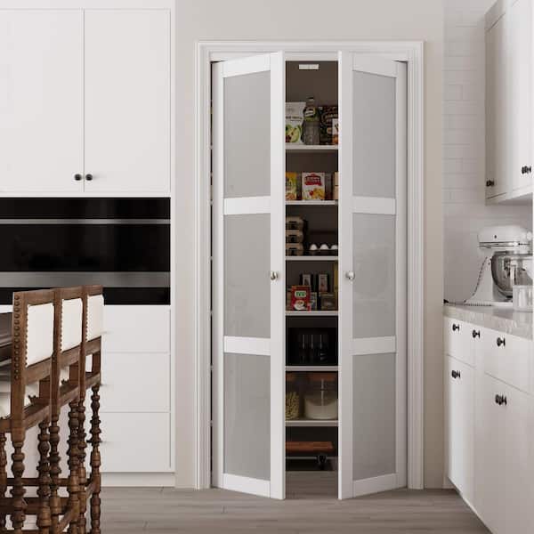 36 in. x 96 in. 3-Lite Tempered Frosted Glass Solid Core White Finished Glass Pivot Bifold Door with 2-Types of Hardware