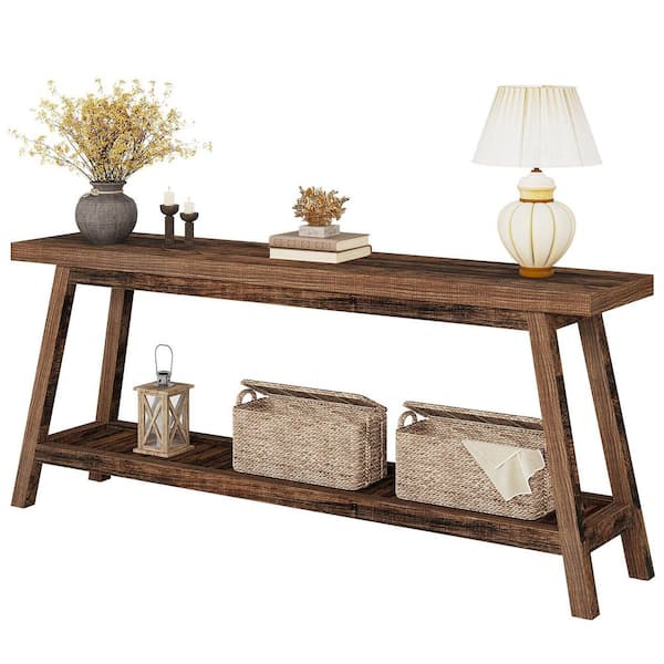 Turrella 70.9 in. Rustic Brown Rectangle Wood Console Table with 2-Tier Storage for Living Room