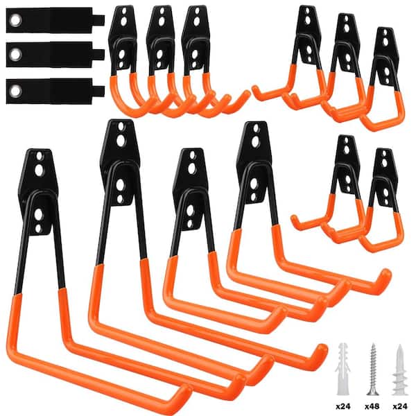 15-Piece Garage Wall Hooks Set with Extension Straps, Heavy Duty Tool Storage Rack, Orange Coated Steel Wall Mount Organ