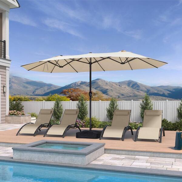 14 ft patio umbrella PURPLE LEAF 14 ft. Gray Aluminum Market Umbrella with Double-Sided Outdoor Table Patio Umbrellas with Base in Beige