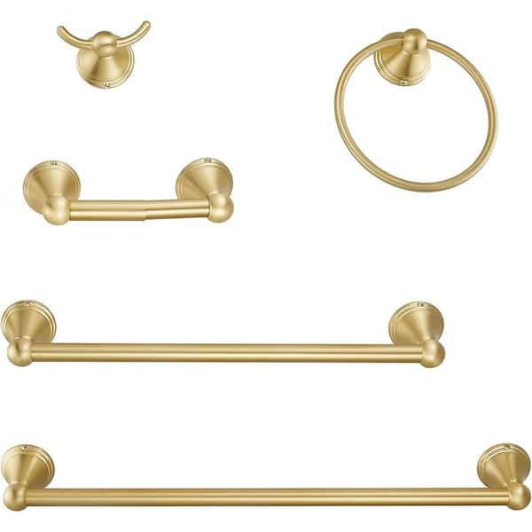 Adrinfly 5-Piece Bath Hardware Set with 20 in Towel Bar, 15.35 in Towel Bar, Towel Ring, TP Holder, Towel Hook in Brushed Gold