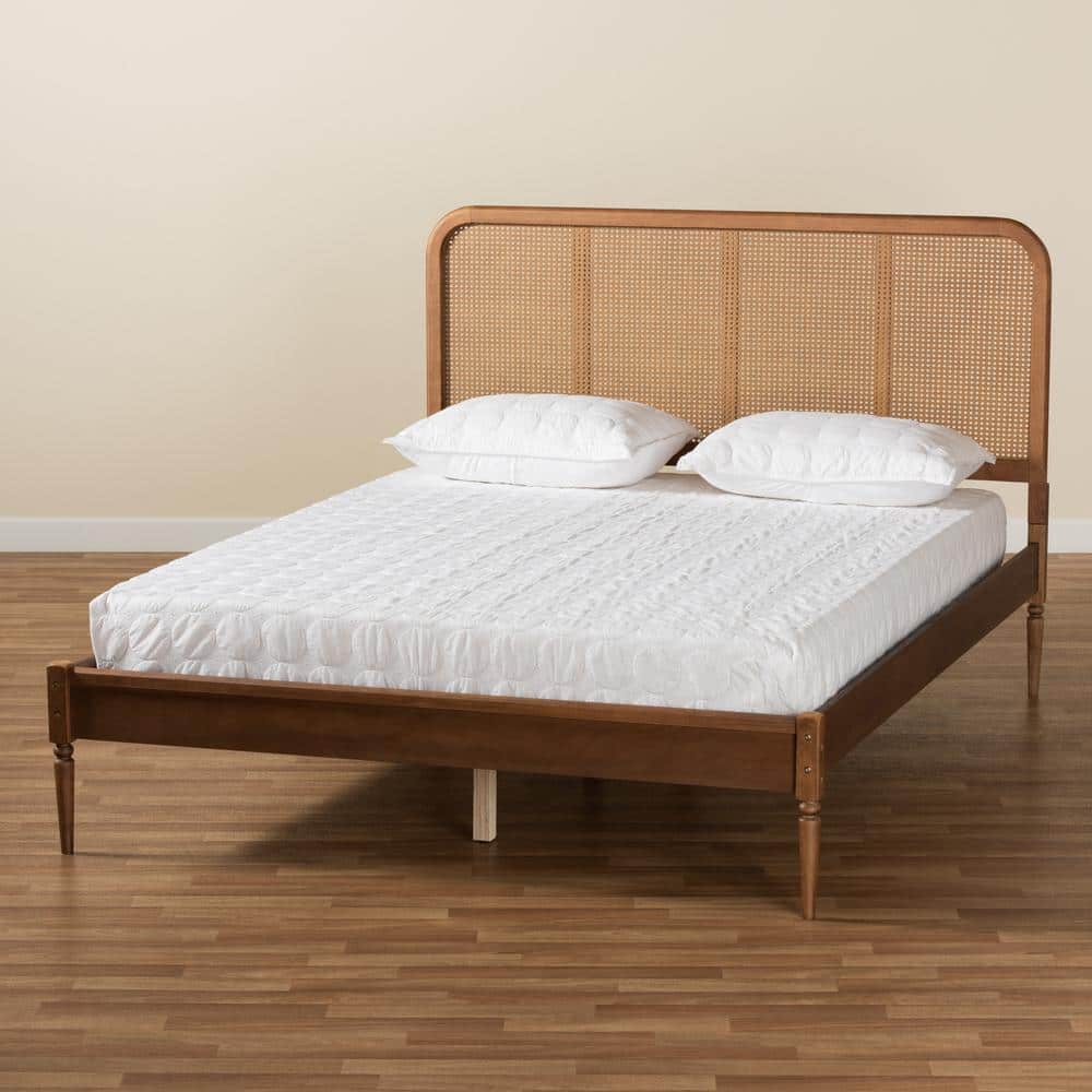 Queen Ash Walnut Wood Frame Platform Bed with Rattan Headboard
