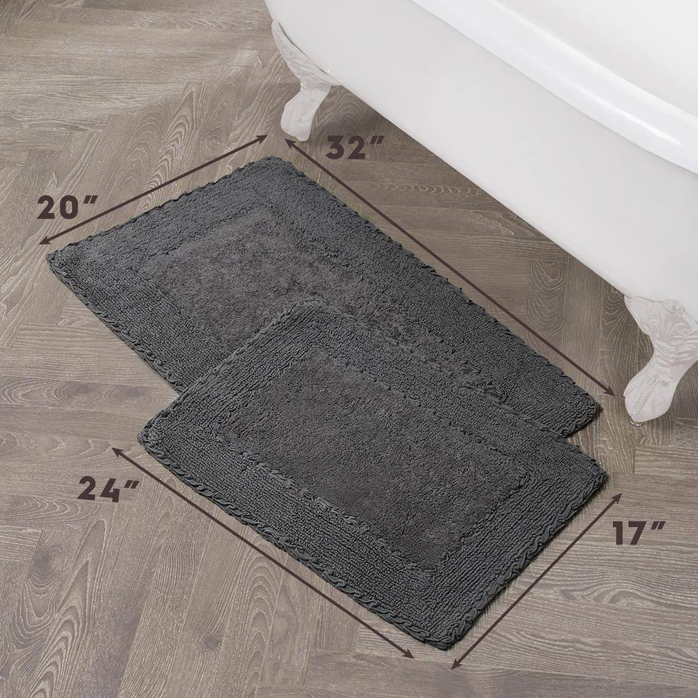Dark Gray Cotton Ruffle Border Machine Washable Bath Mat Set