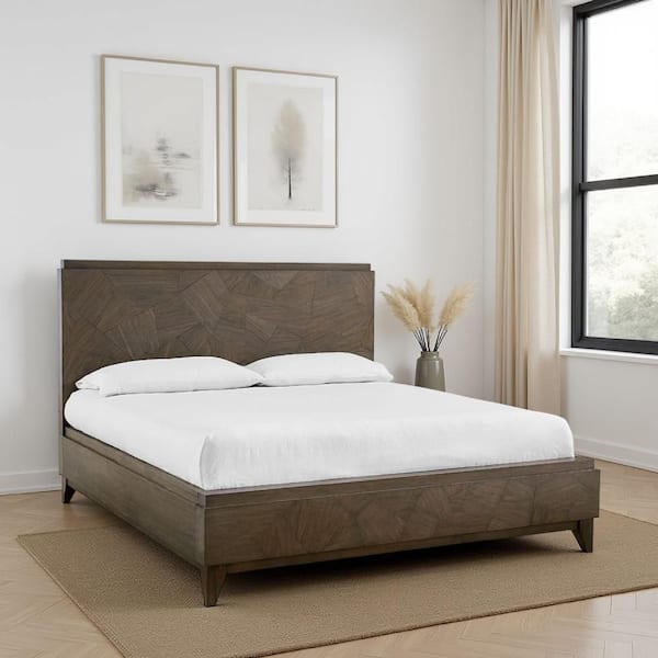 Benjara Dee Oat Brown Wood Frame Queen Size Panel Bed with Low Profile