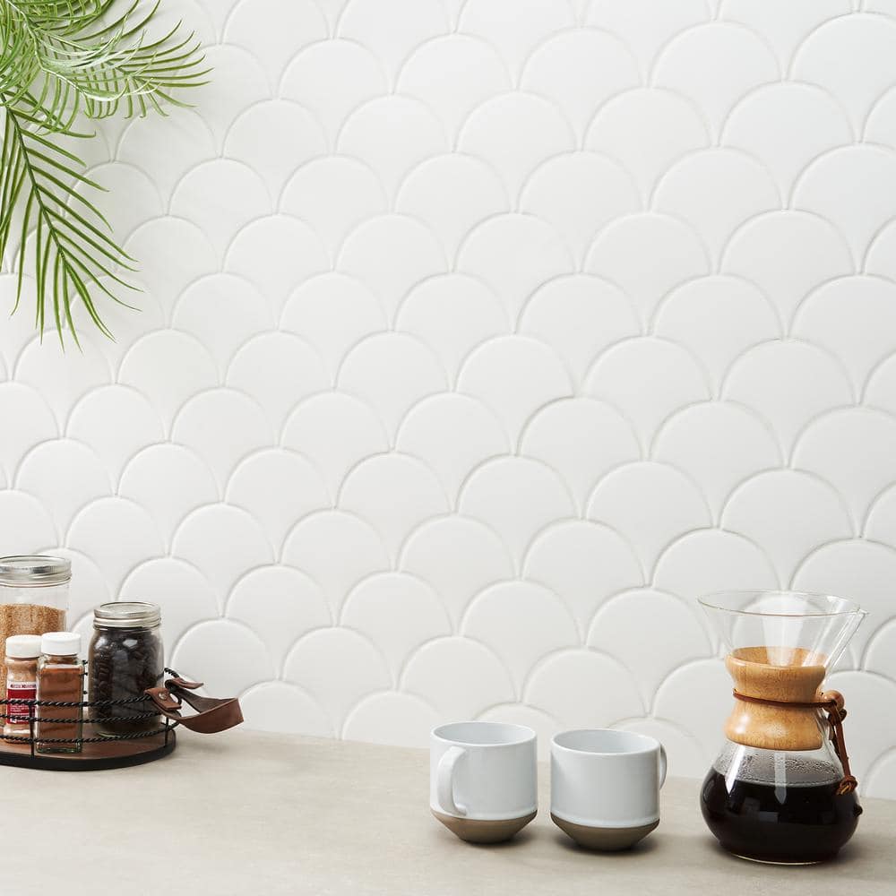 Tidewater Matte White Fish Scale Ceramic Wall Tile - 2" x 5"