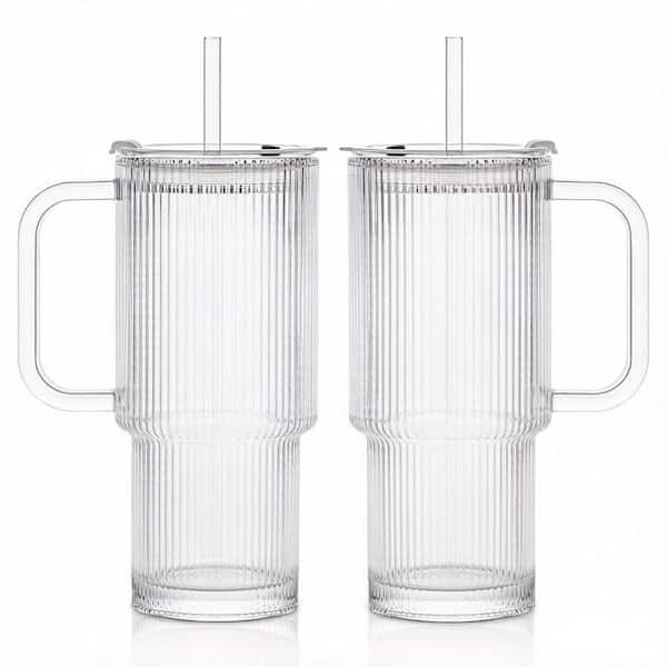 Wudkey 26 oz. Ribbed Glass Tumblers with Handle and Lid, Reusable Iced Cups  with Straw for Water Smoothies Tea Juice (Set of 2) OQ2U43_2