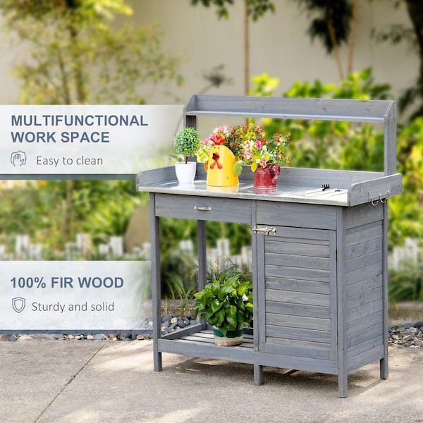 44 in. W x 49 in. H Gray Outdoor Potting Bench Table with Open Shelf and Steel Tabletop