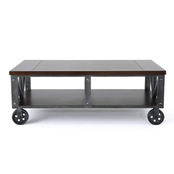 Noble House Dree 48 in. Rustic Wood and Antique Black Rectangular with Casters Coffee Table