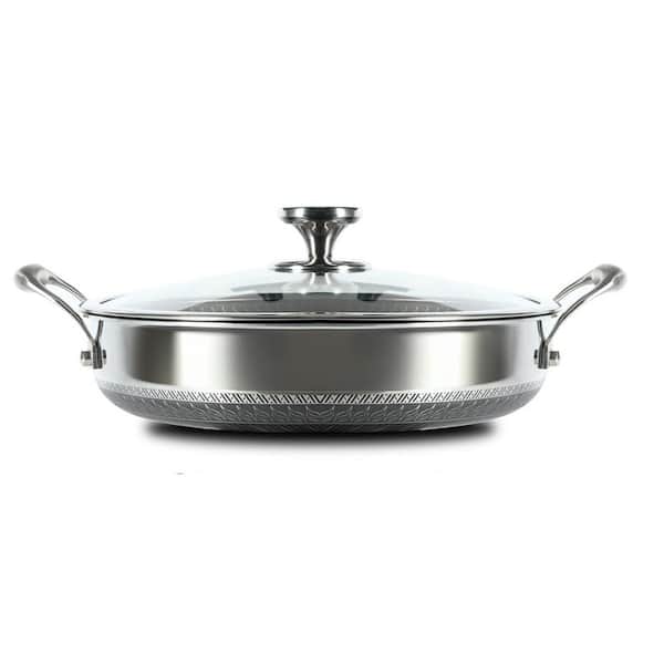 Hybrid Nonstick Deep Frying Pan 13 in. Stainless Steel 7-Layer Clad with Lid Two Handle Oven Dishwasher Safe