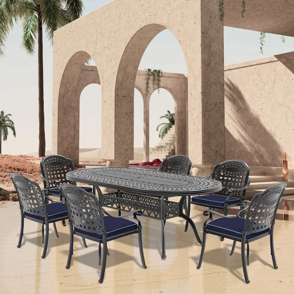 Black 7-Piece Cast Aluminum Outdoor Dining Set with Blue Cushions, Stackable Patio Furniture price history on PriceWatchPro