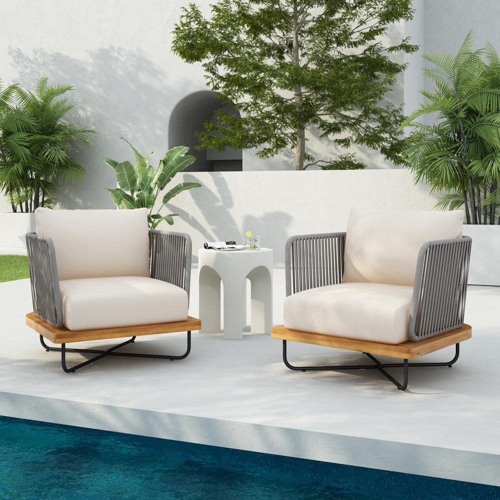 Cassants Cassants Upholstered Outdoor Patio Club Chair with Iron Base, Acacia Wood, Beige, Set of 2 price history on PriceWatchPro