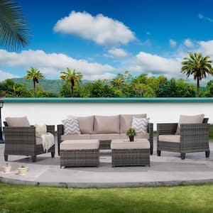 5-Piece Patio Conversation Sofa Set Garden Furniture Sectional Seating Set with Ottoman, Sand Cushion