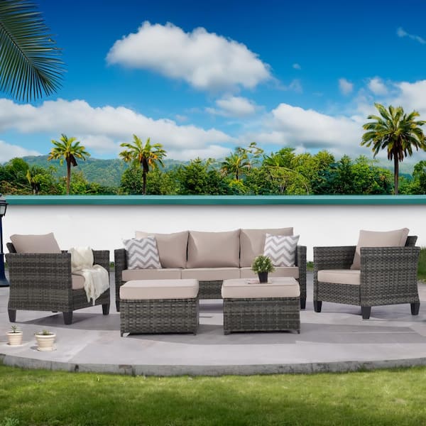SANSTAR 5-Piece Patio Conversation Sofa Set Garden Furniture Sectional Seating Set with Ottoman, Sand Cushion
