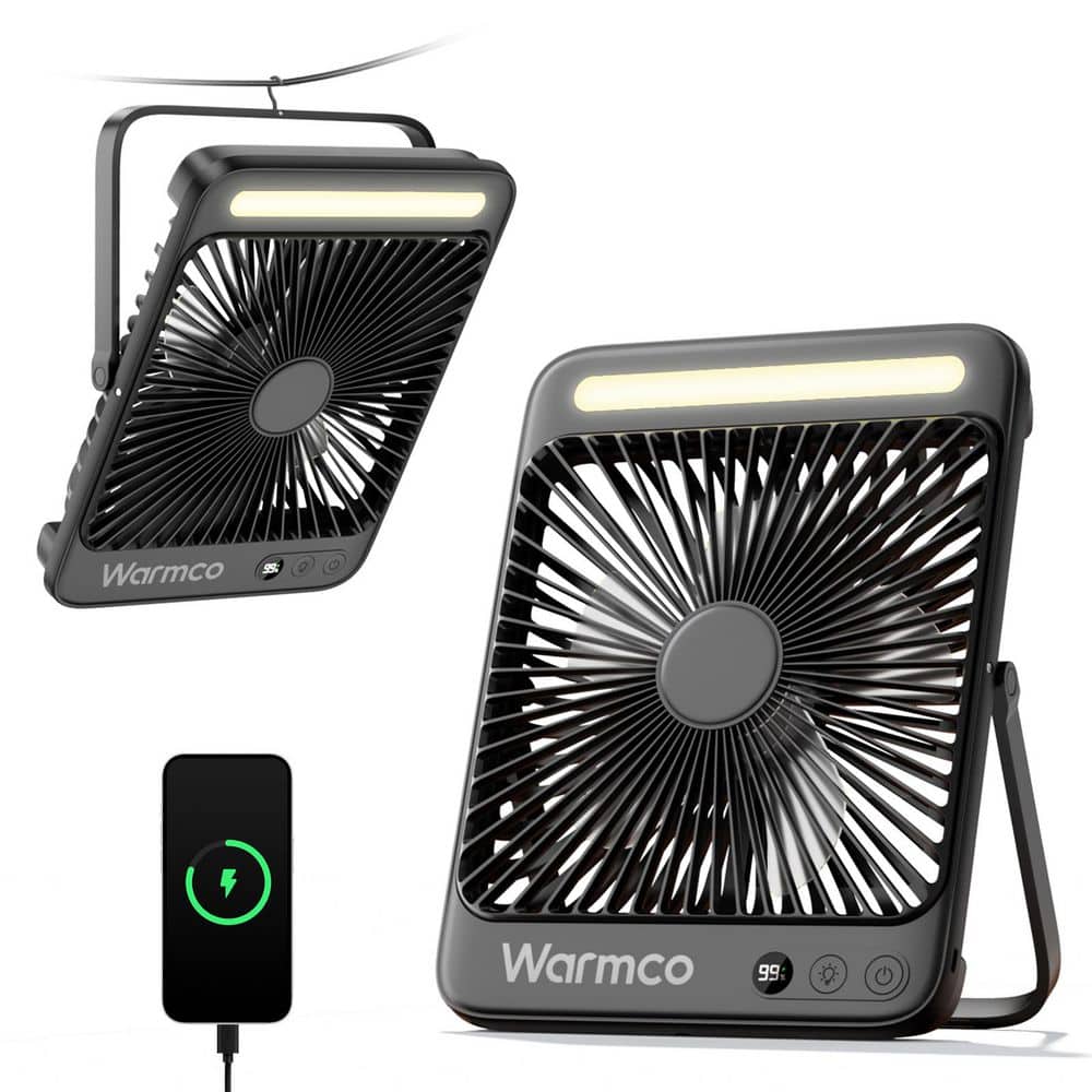 Warmco 6 in. 4-Speeds Desk Fan in Black, 20000mAh, Ultra-thin LED Light Rechargeable Desk Fan for Bedroom, Camping
