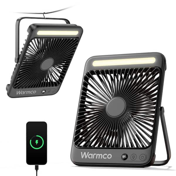 Warmco 6 in. 4-Speeds Desk Fan in Black, 20000mAh, Ultra-thin LED Light Rechargeable Desk Fan for Bedroom, Camping