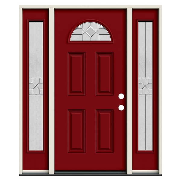 60 in. x 80 in. Left-Hand FanLite Caldwell Decorative Glass CranberryRed Paint Fiberglass Prehung Front Door W/Sidelites