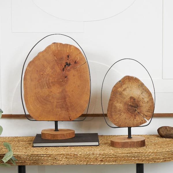Litton Lane Brown Wood Handmade Live Edge Slab Abstract Sculpture with Black Metal Rings (Set of 2)