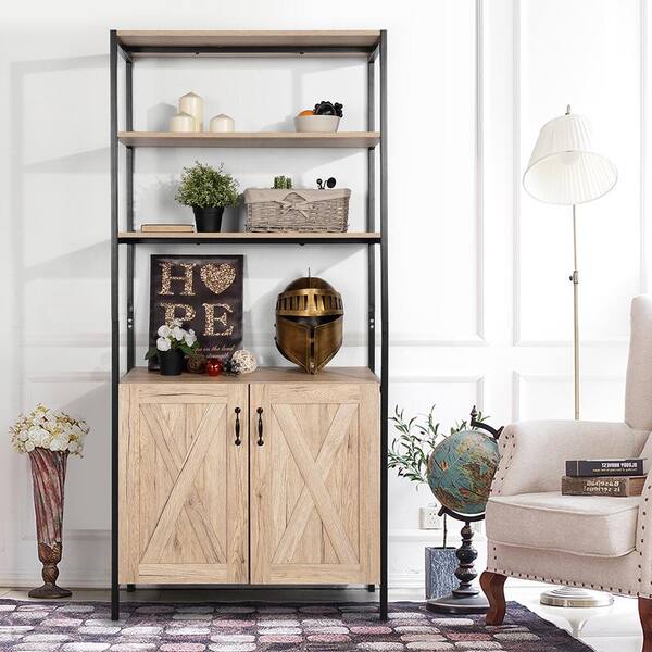 Tall Wooden Rustic 3-Tier Open Space Shelving with Bottom Hutch