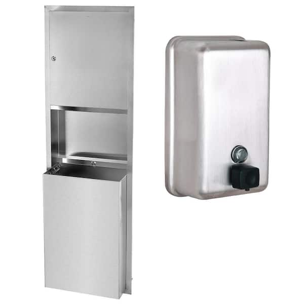 Alpine Industries 56 in. Steel Recessed Paper Towel Dispenser with Waste Bin and 40 oz. Vertical Manual Commercial Soap Dispenser Combo