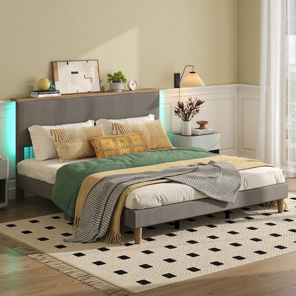 Bestier Gray Wood Frame Twin Size Velvet Upholstered Platform Bed Frame with Storage Headboard and LED Lights