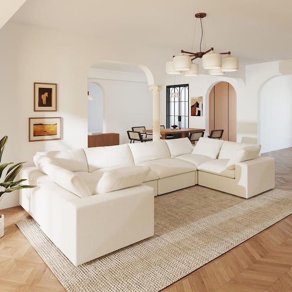 V-shaped 157 in. Square Arm Down Filled Linen 6-Piece Cloud Modular Sectional Sofa Couch in White with Removable Covers