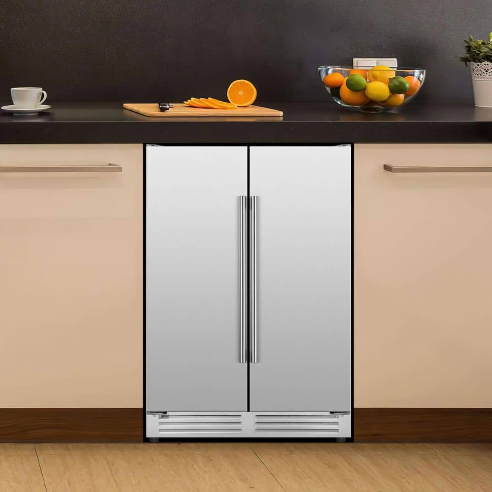 23.4 in. Dual Zone 210-Cans Beverage Cooler Interior Blue LEDs with 4-Door Handles Built-in Beer Fridge in Silver price history on PriceWatchPro